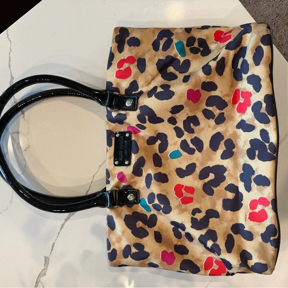 Kate Spade Leopard Print Satchel with Pink, Teal & Black Accents